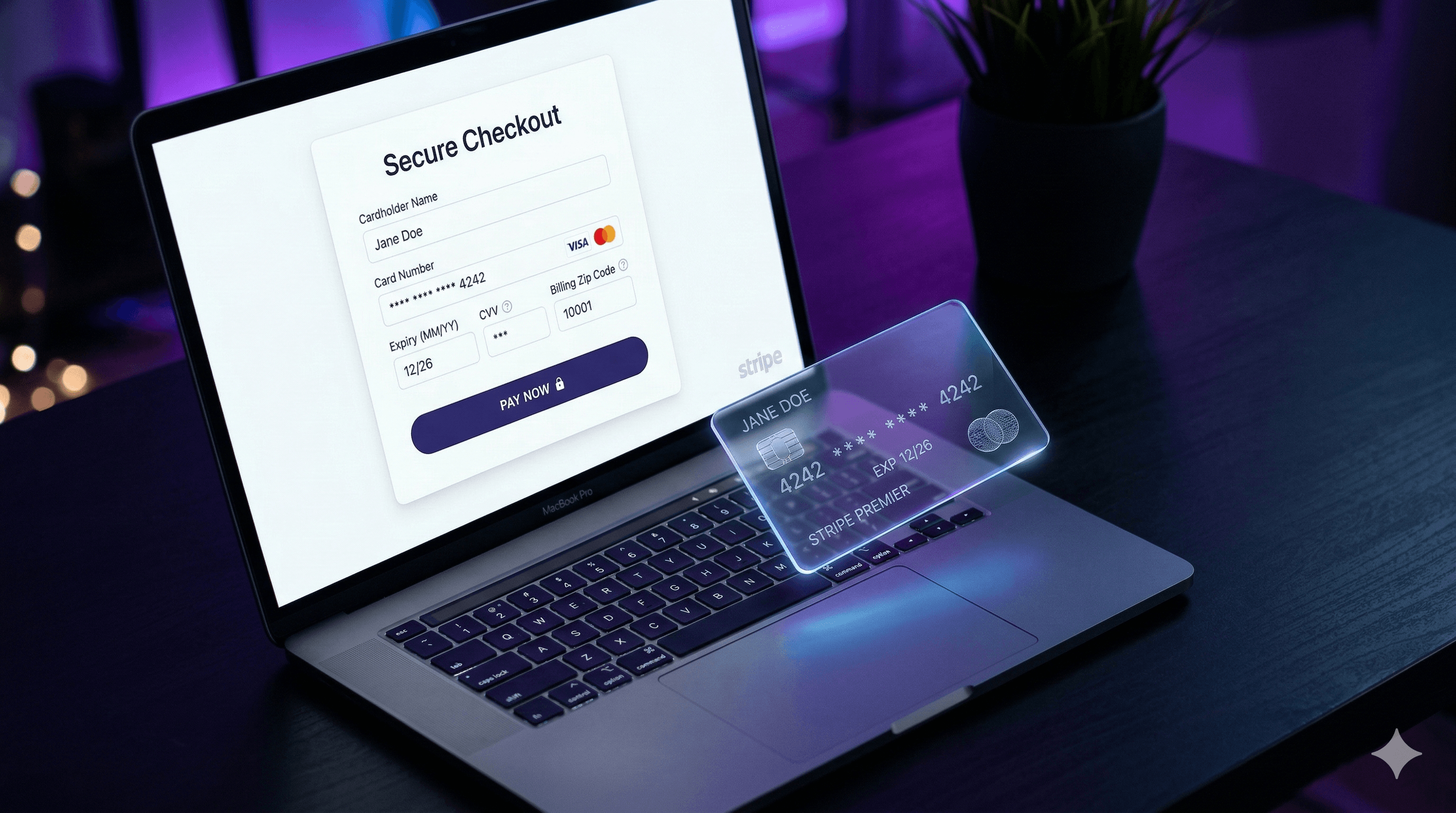 Online payment form with credit card fields and a Stripe integration icon