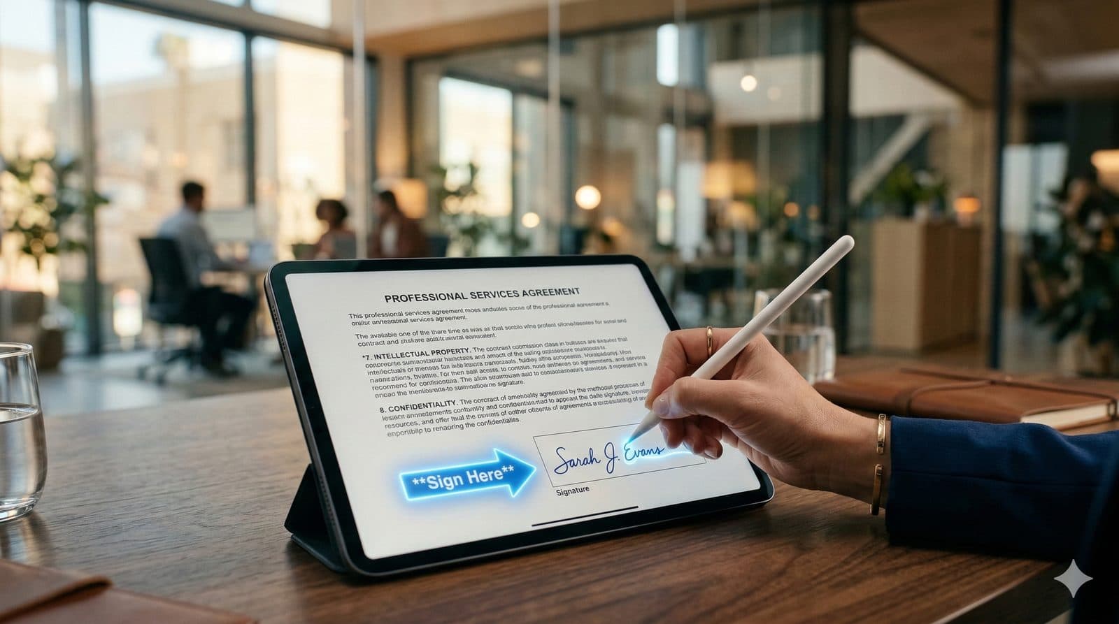 Digital document with signature fields and a pen icon representing electronic signatures